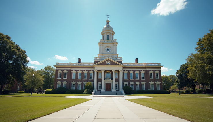 Eye-level view of a courthouse building in Georgia with clear blue sky
